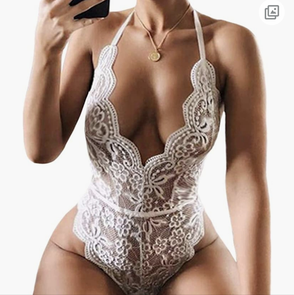 White Lace Deep V-Neck Halter Teddy Lingerie Bodysuit